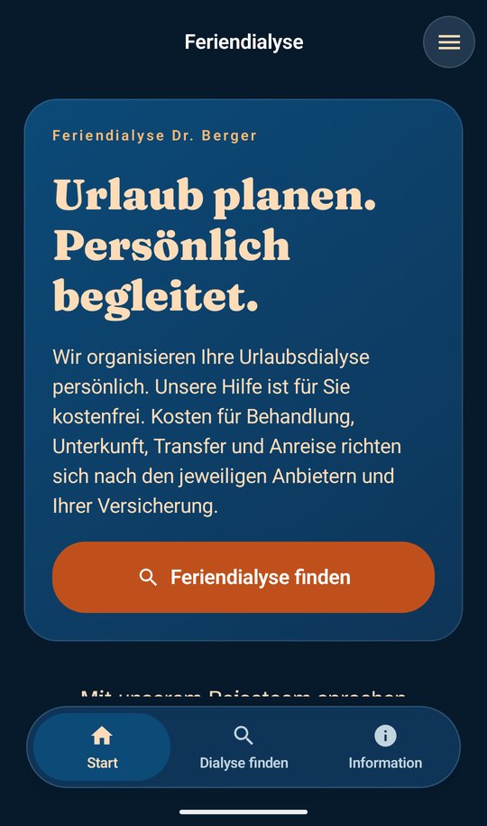 Startseite der Android-App mit „Urlaub planen. Persönlich begleitet.“