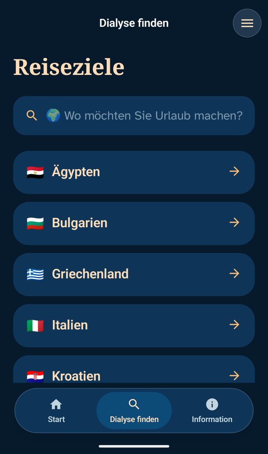 Reiseziele nach Ländern mit Suchfeld in der Android-App