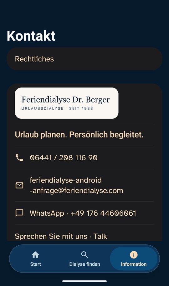 Kontaktseite der Android-App mit Telefon, E-Mail und WhatsApp