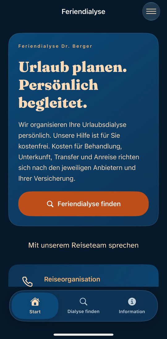Startseite der iPhone-App mit „Urlaub planen. Persönlich begleitet.“ und der Schaltfläche „Feriendialyse finden“