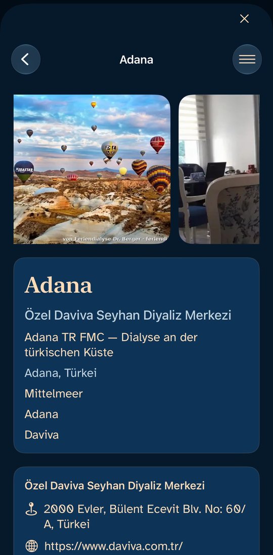 Seite eines Partnerzentrums in der iPhone-App mit Fotos, Name und Lage