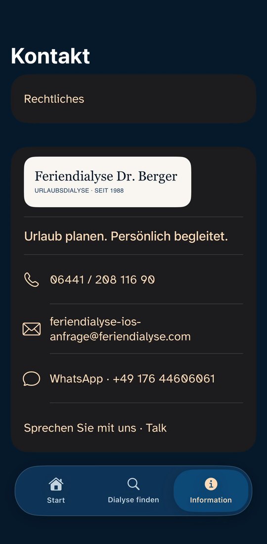 Kontaktseite der iPhone-App mit Telefon, E-Mail und WhatsApp